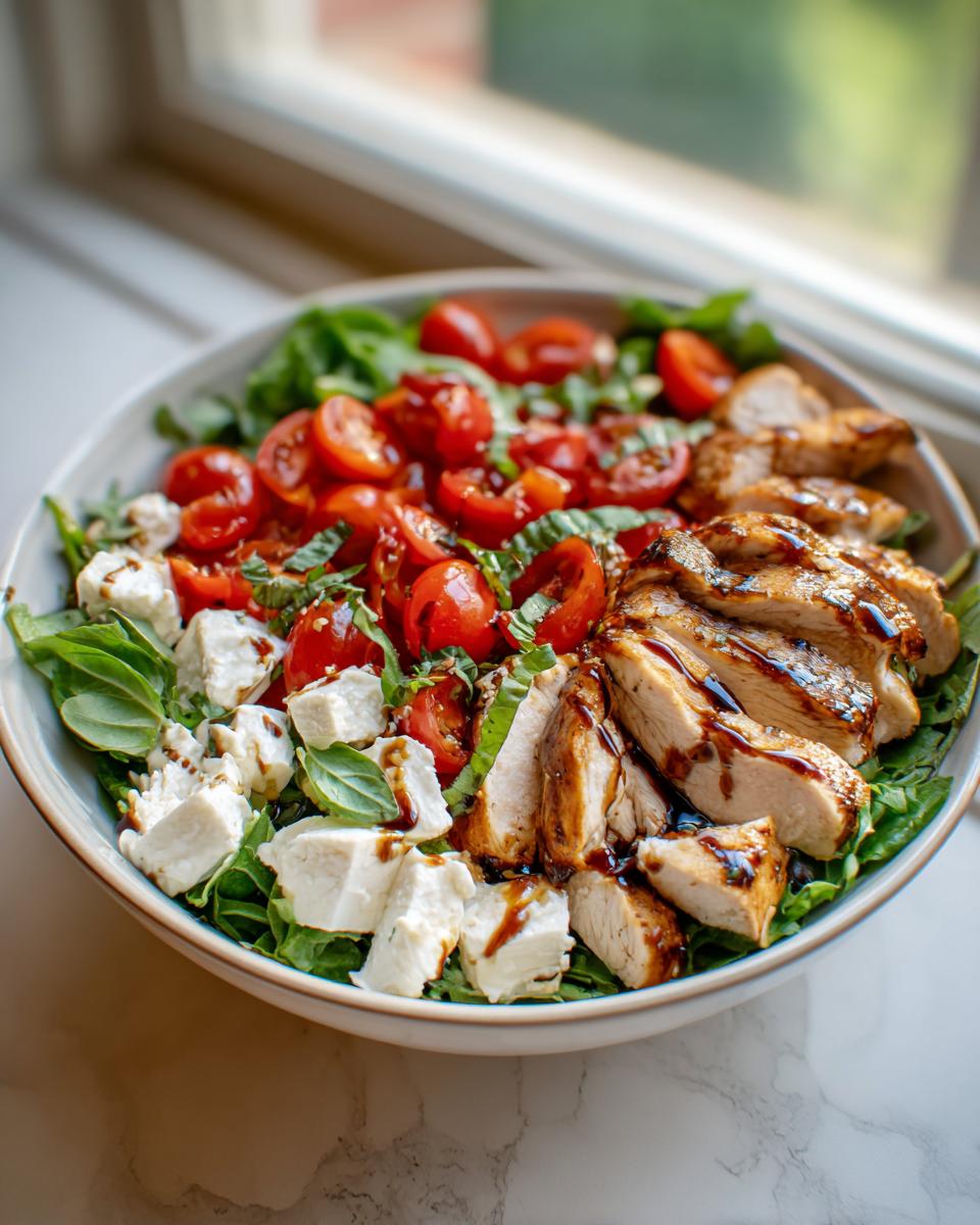 Caprese chicken salad lunch bowl with grilled chicken, cherry tomatoes, mozzarella, and basil on greens