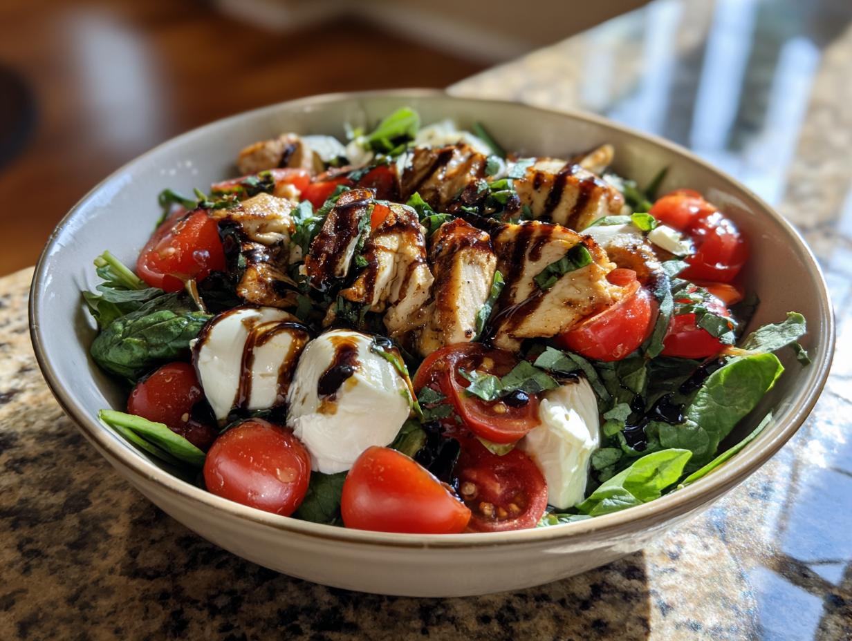 Caprese chicken salad lunch bowl with grilled chicken, tomatoes, mozzarella, spinach, and balsamic glaze