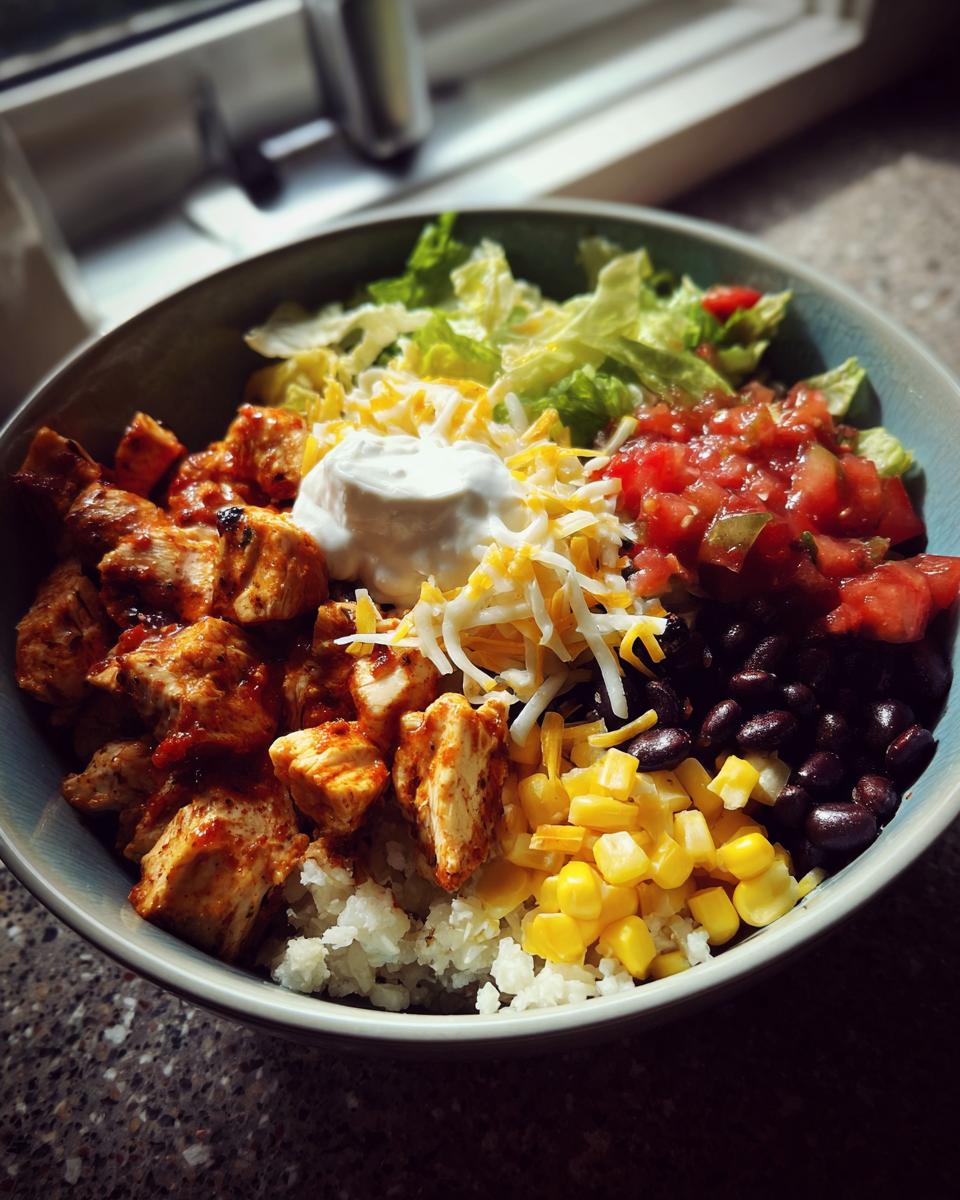 Bowl of cauliflower rice chicken burrito bowl with grilled chicken, corn, black beans, lettuce, cheese, salsa, and sour cream.