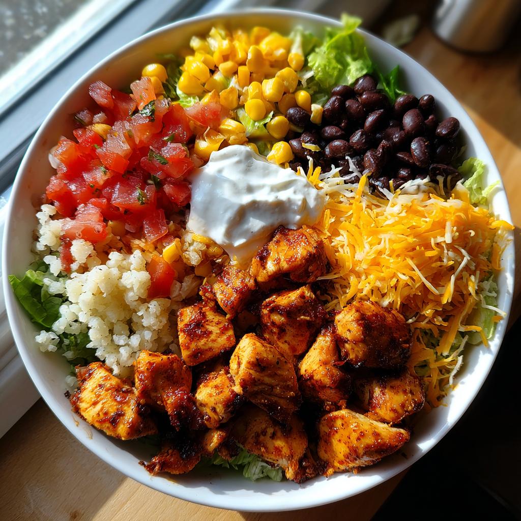Bowl of cauliflower rice chicken burrito bowl with seasoned chicken, cheese, black beans, corn, salsa, and sour cream.