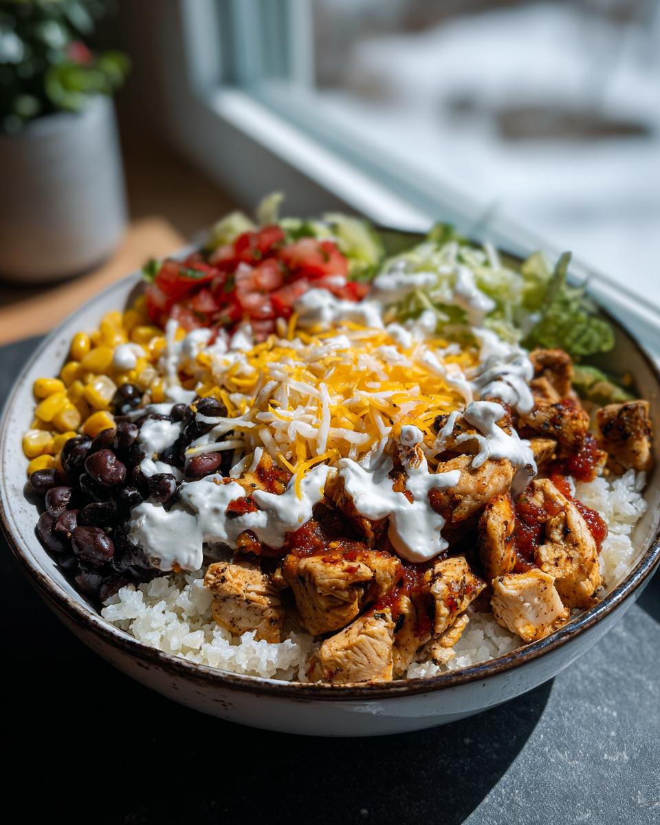 Cauliflower rice chicken burrito bowl with black beans, corn, lettuce, tomato, cheese, and sour cream.