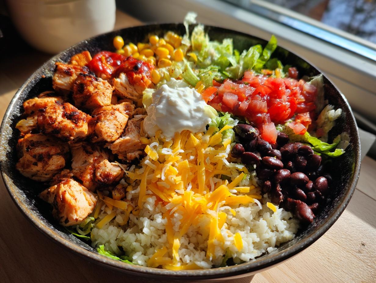 Bowl with cauliflower rice chicken burrito bowl featuring grilled chicken, black beans, corn, lettuce, cheese, salsa, and sour cream.