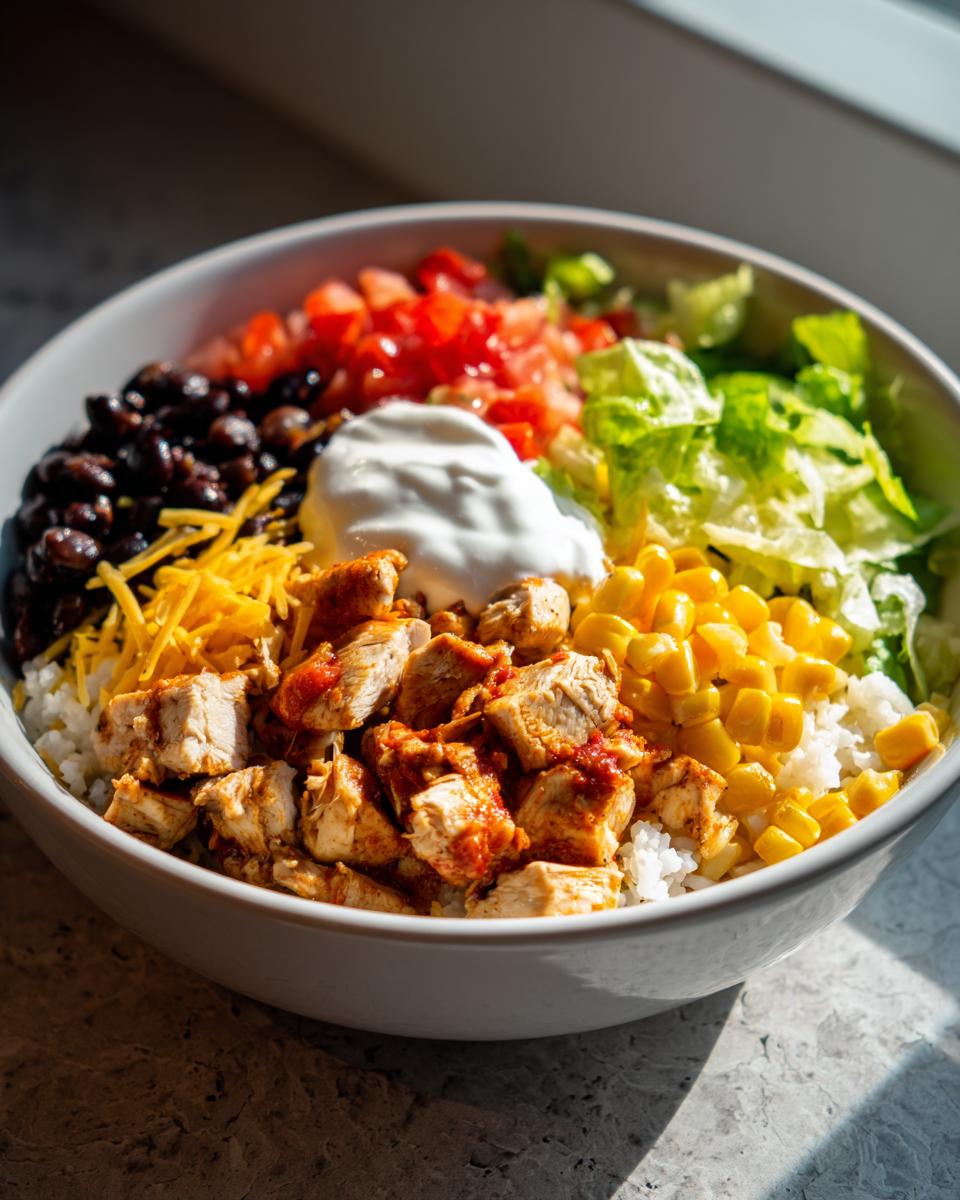 Cauliflower rice chicken burrito bowl with black beans, corn, lettuce, tomato, cheese, and sour cream