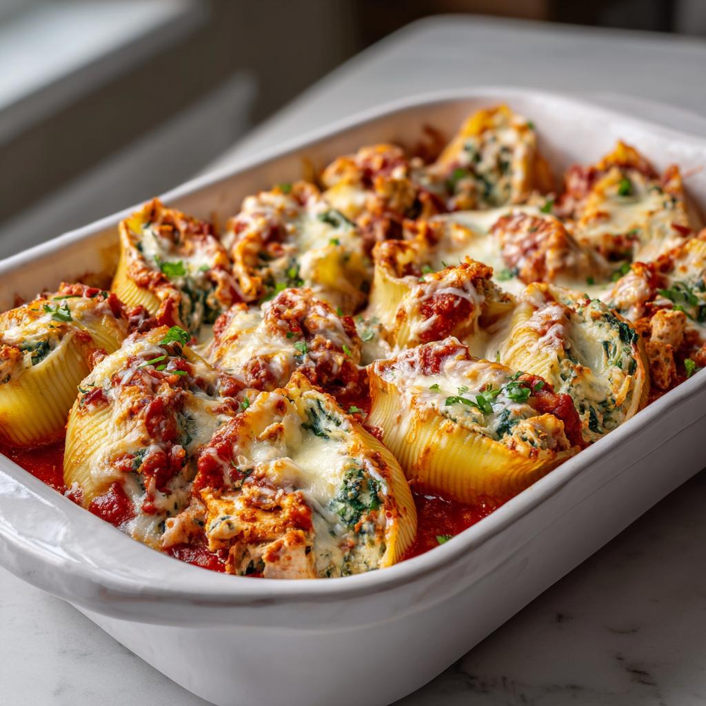 Baked chicken spinach stuffed shells topped with melted cheese and marinara sauce in a white casserole dish.