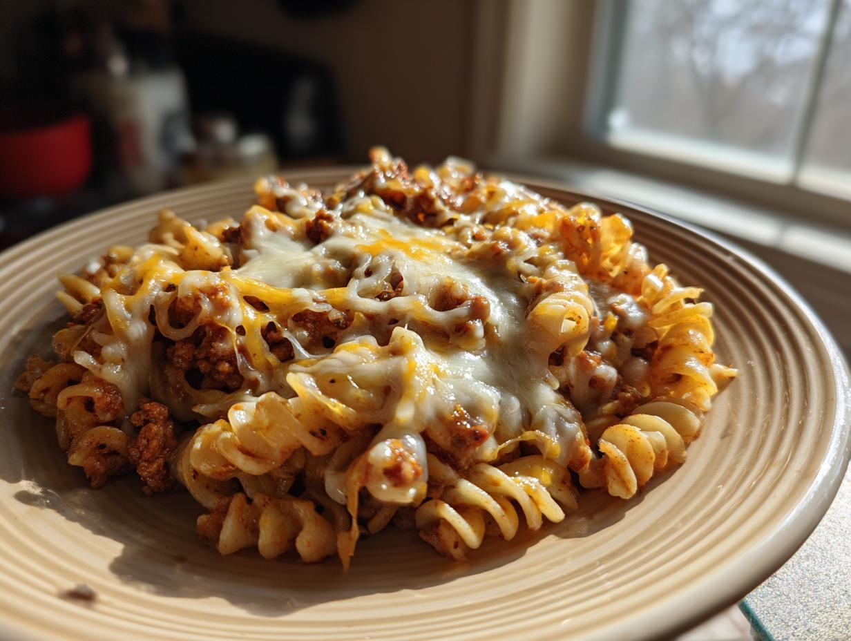 Plate of cheesy taco pasta with ground turkey and melted cheese in natural light