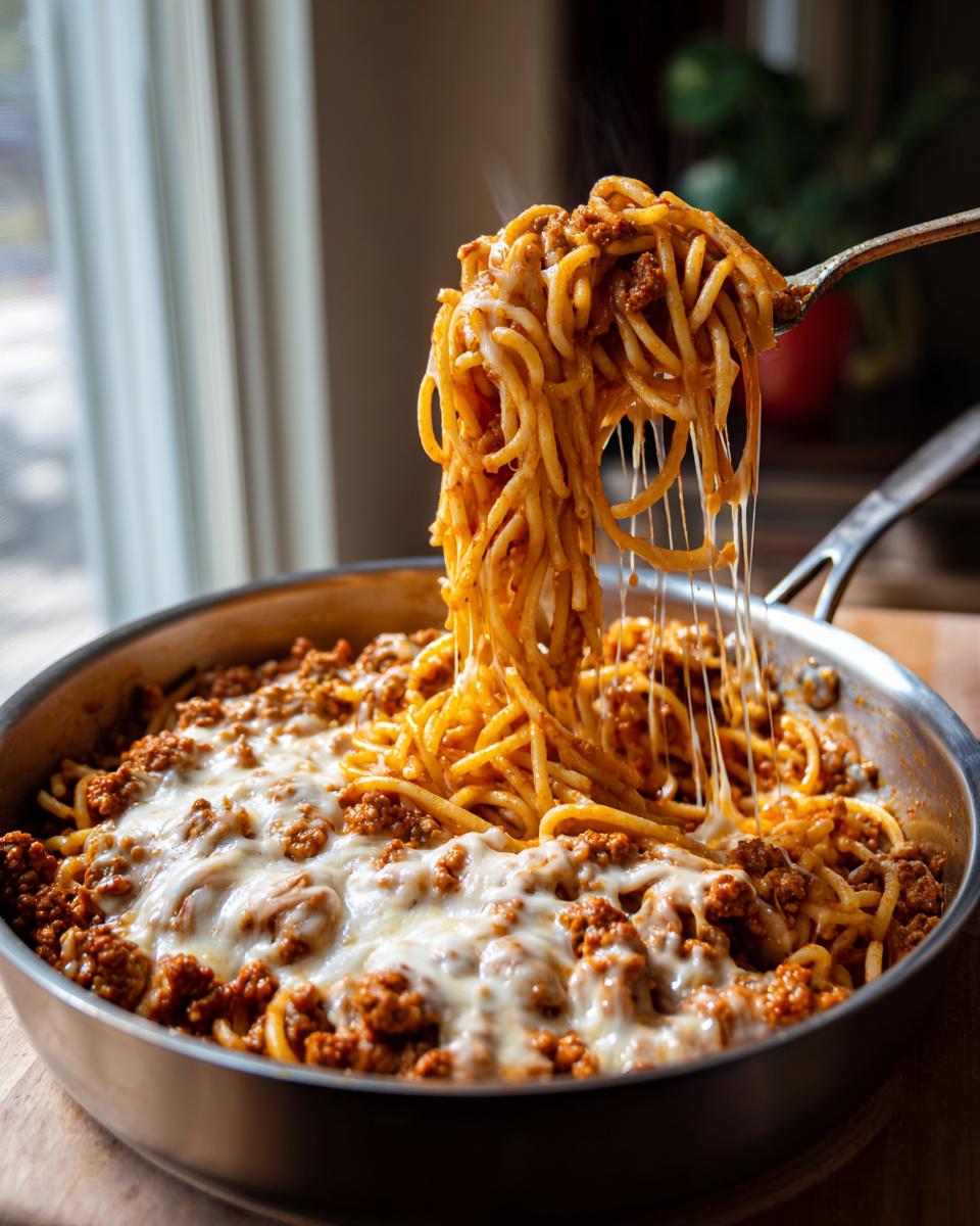 Skillet of cheesy taco pasta with ground turkey and melted cheese strands on fork