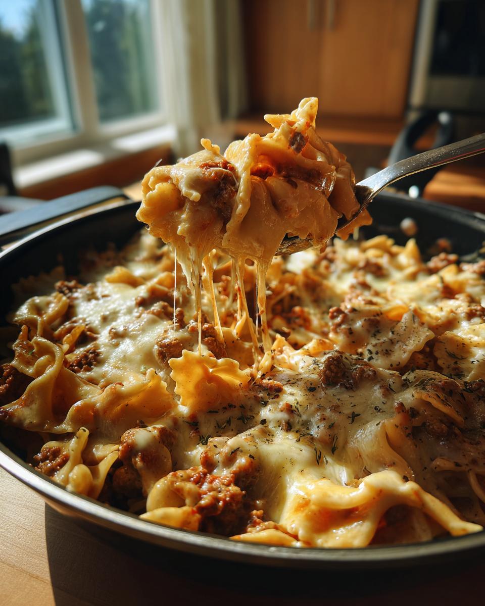 Spoon lifting cheesy taco pasta with ground turkey from skillet with melted cheese stretch