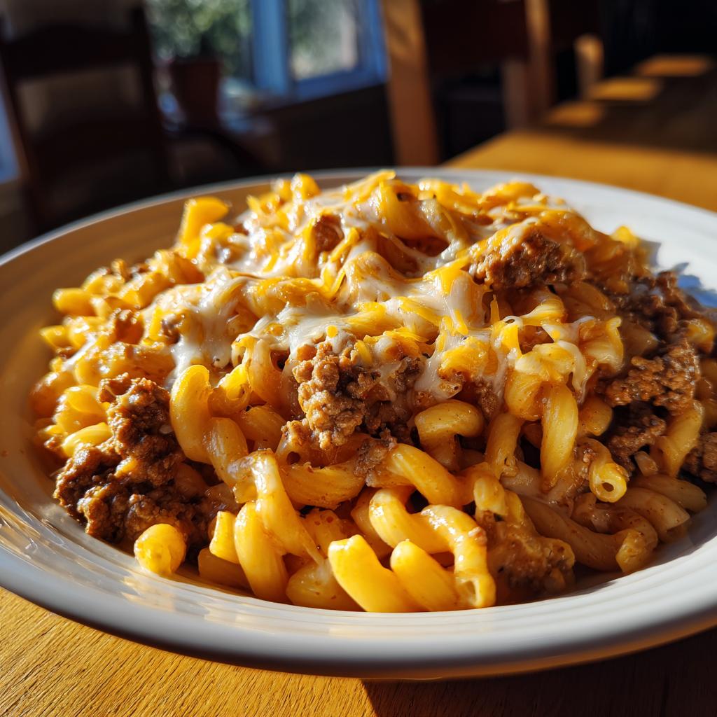 Close-up of cheesy taco pasta with ground turkey and melted cheese in a white bowl.