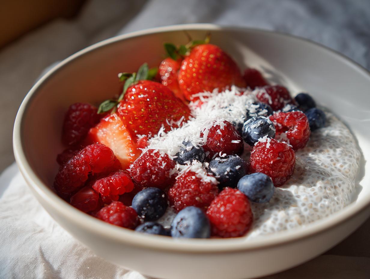 Chia pudding breakfast with berries topped with shredded coconut in a bowl