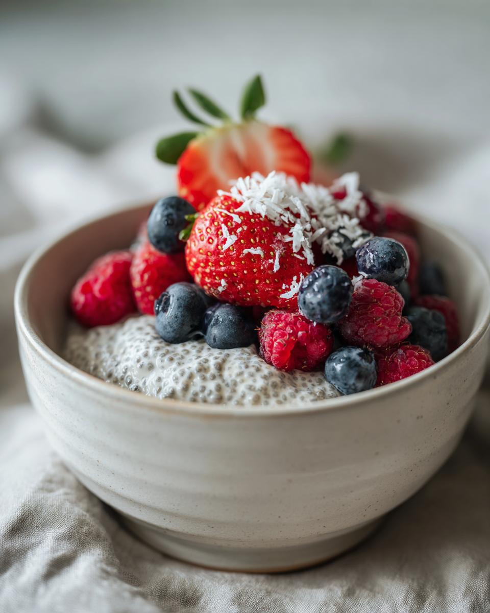 Chia pudding breakfast with berries topped with strawberries, blueberries, raspberries, and shredded coconut