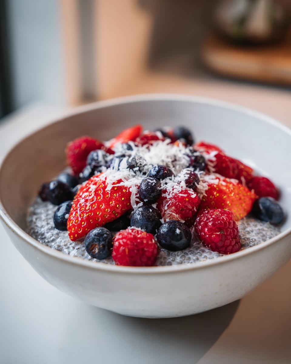 A bowl of chia pudding breakfast with fresh strawberries, blueberries, raspberries, and shredded coconut on top.