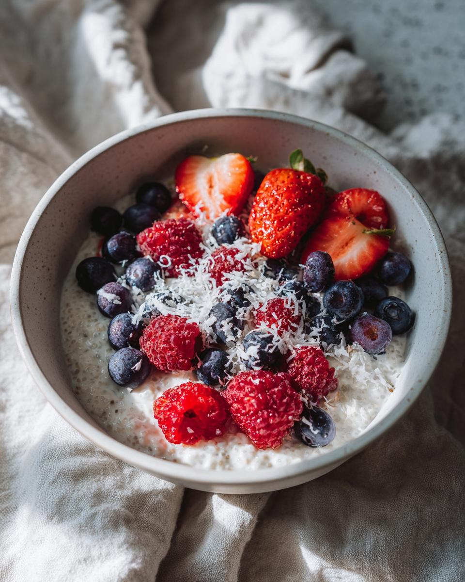 Bowl of chia pudding breakfast with fresh strawberries, blueberries, raspberries, and shredded coconut
