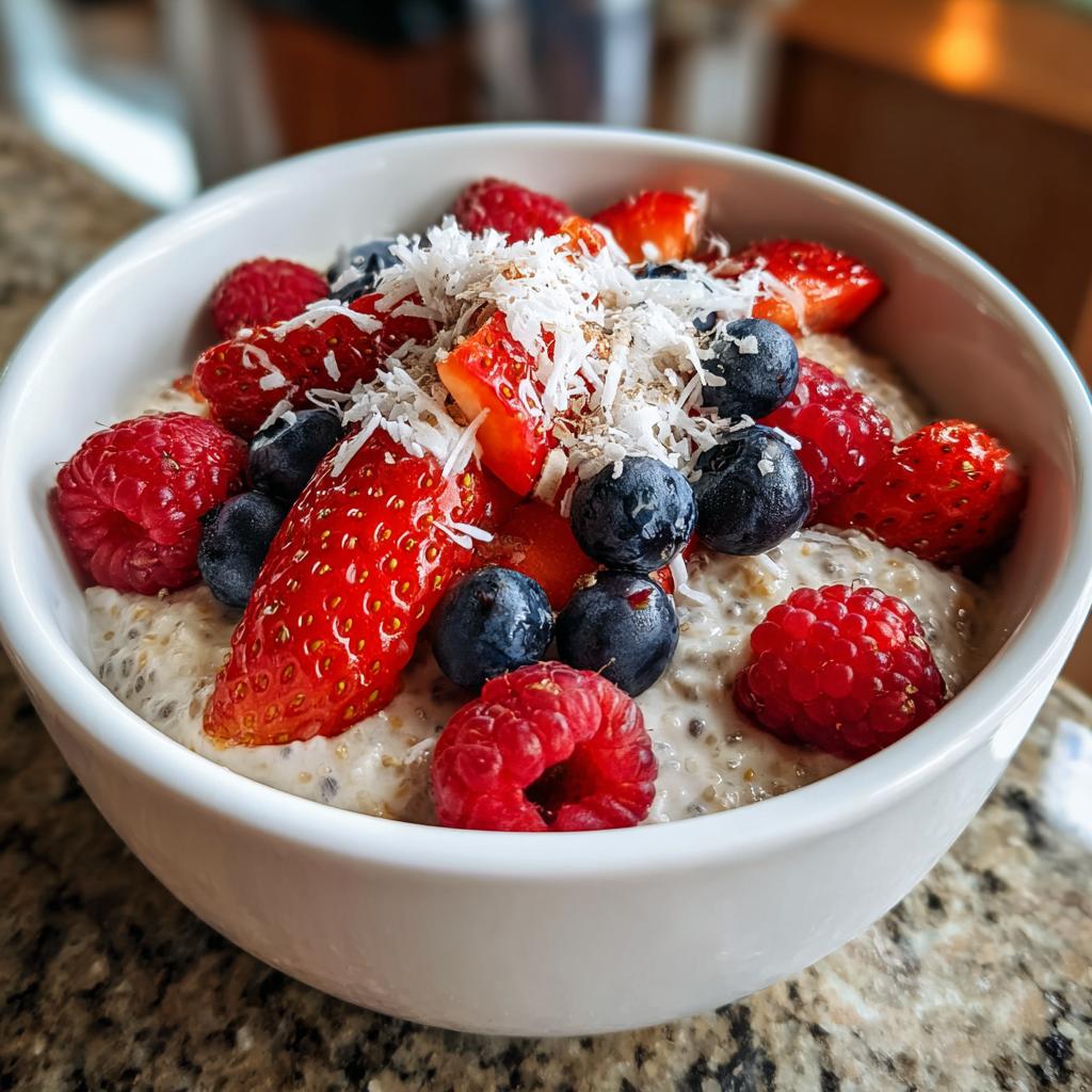 White bowl filled with chia pudding breakfast with strawberries, blueberries, raspberries, and shredded coconut.