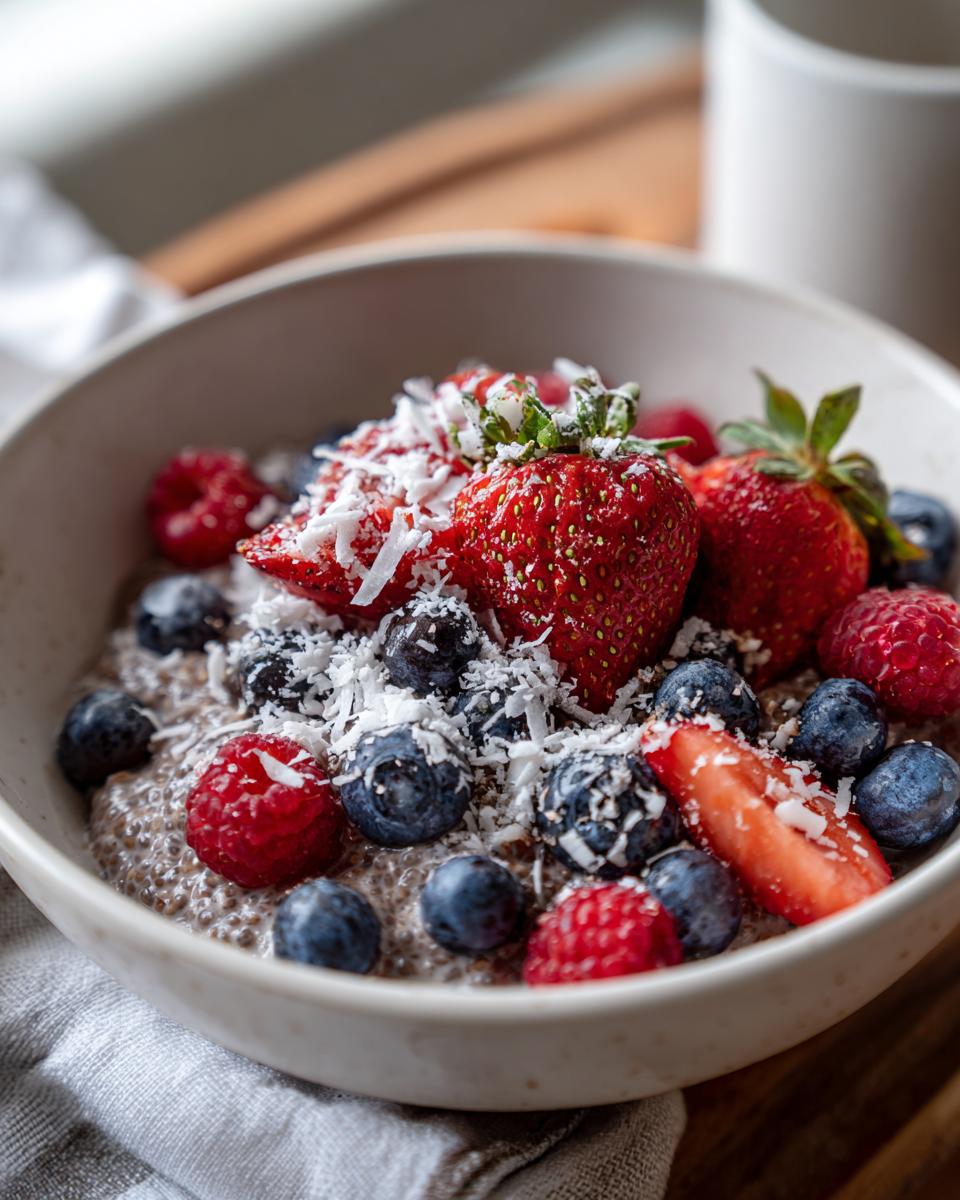 Bowl of chia pudding breakfast with berries topped with strawberries, blueberries, raspberries, and shredded coconut.