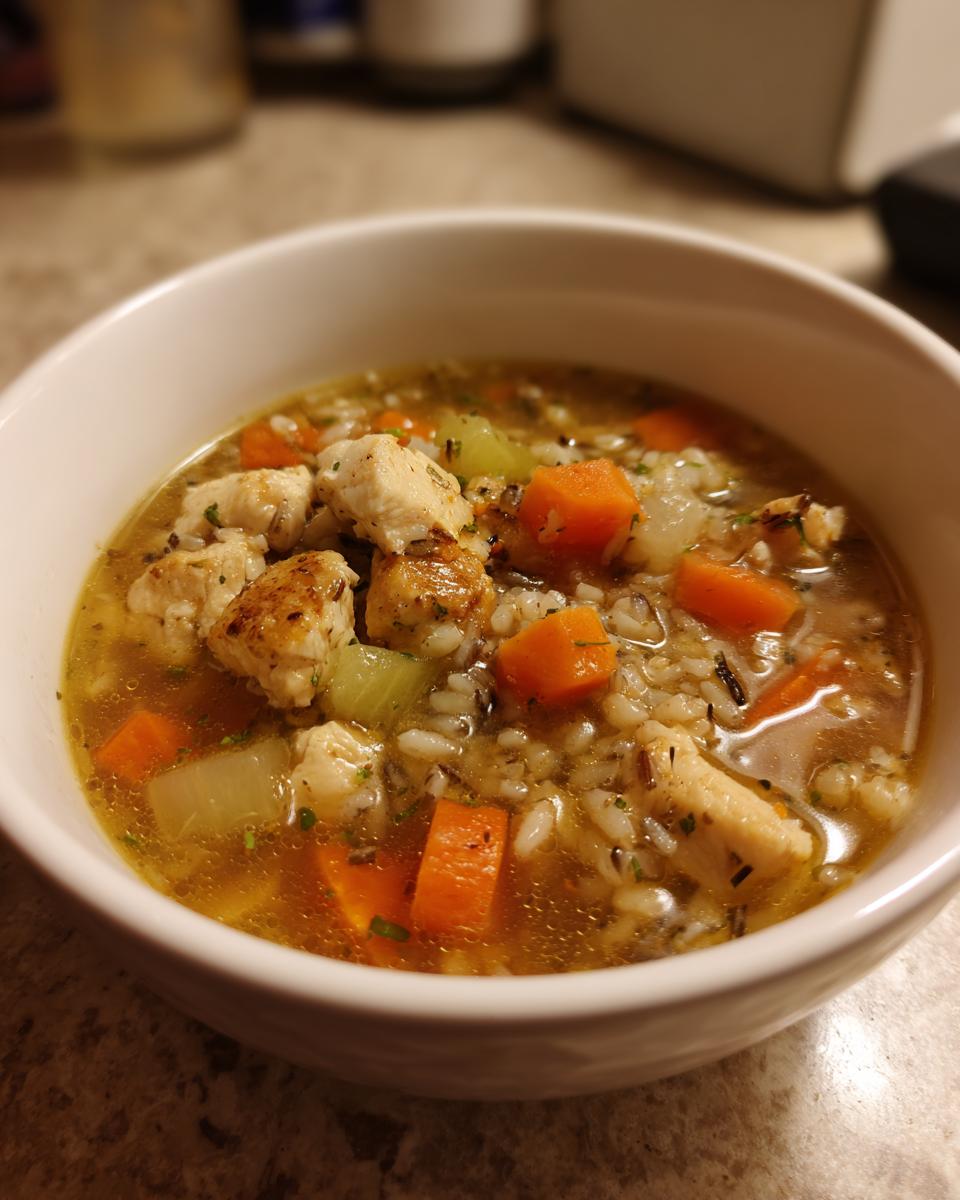 Bowl of chicken and wild rice soup healthy with chunks of chicken, carrots, celery, and broth.