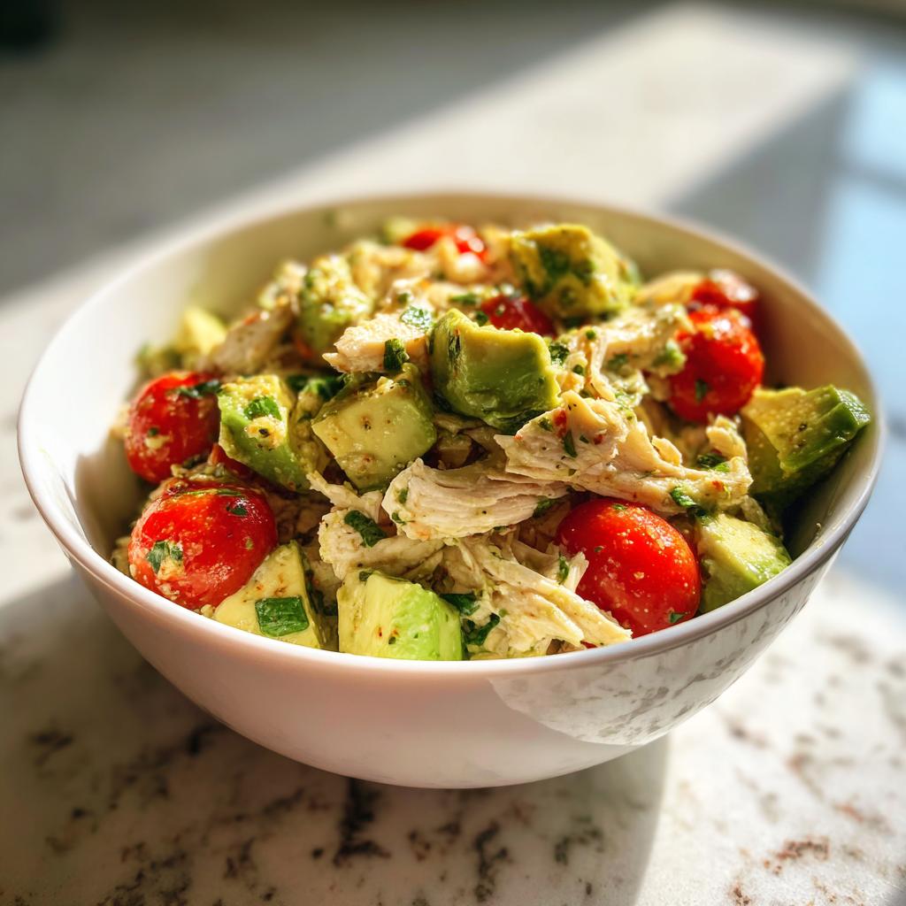 Bowl of chicken avocado salad with lime dressing, cherry tomatoes, and fresh herbs