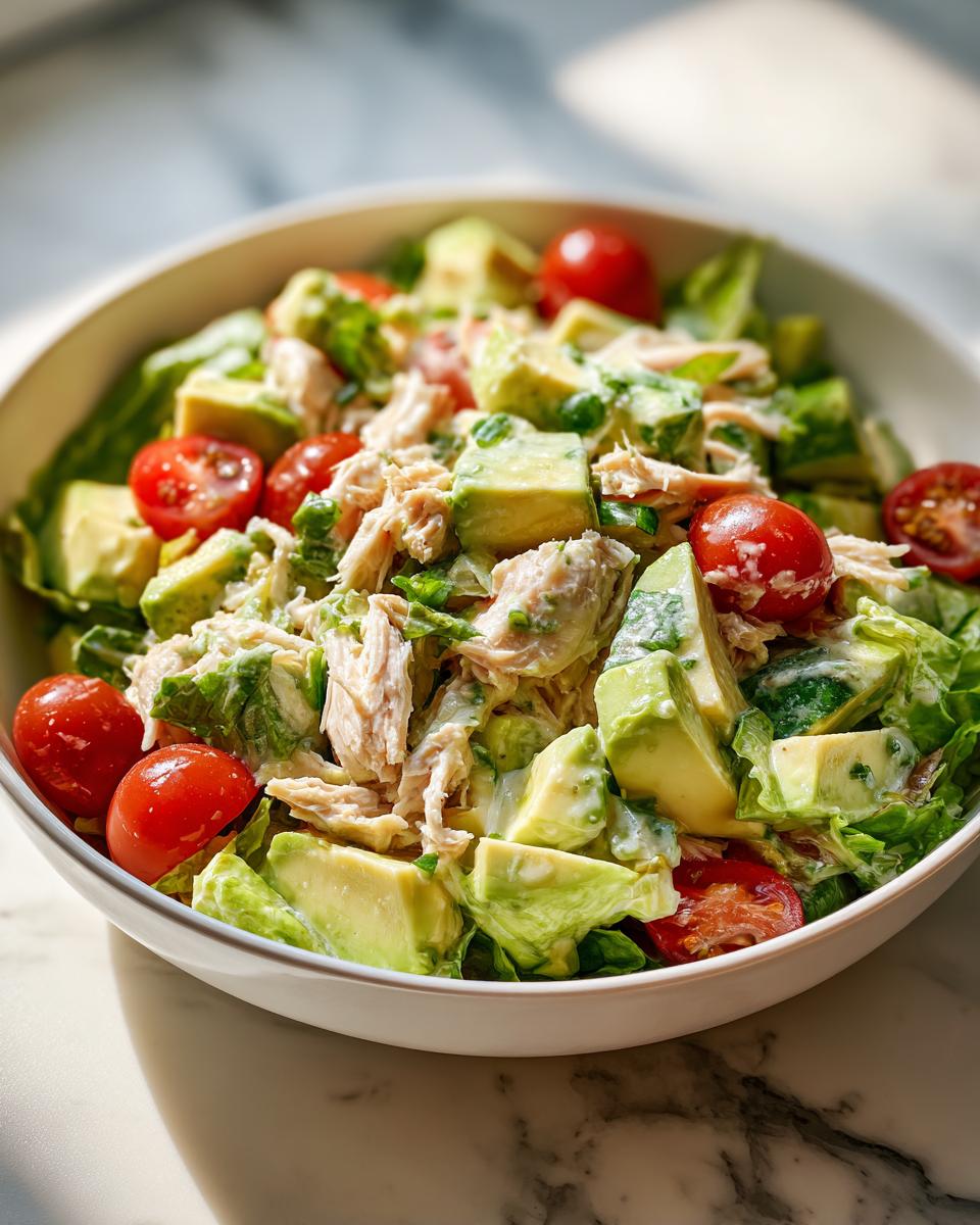 Bowl of chicken avocado salad with lime dressing featuring shredded chicken, avocado chunks, cherry tomatoes, and lettuce