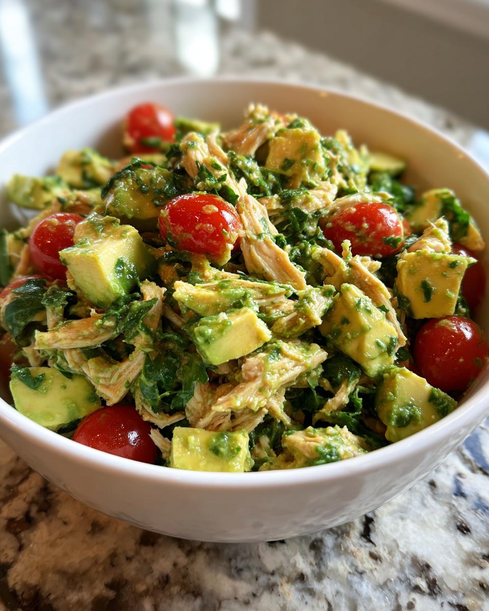 Bowl of chicken avocado salad with lime dressing, cherry tomatoes, and greens
