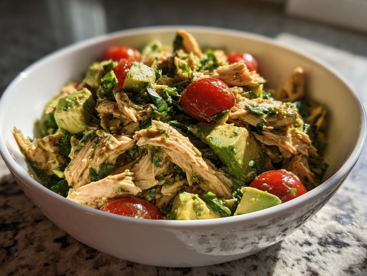 Bowl of chicken avocado salad with lime dressing, cherry tomatoes, and herbs