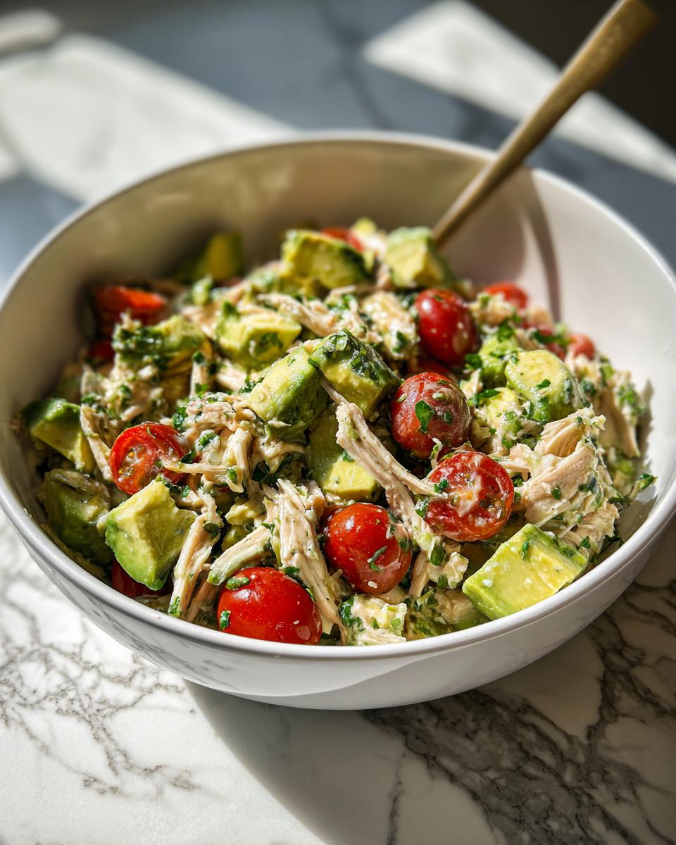 Bowl of chicken avocado salad with lime dressing featuring shredded chicken, avocado chunks, and cherry tomatoes.