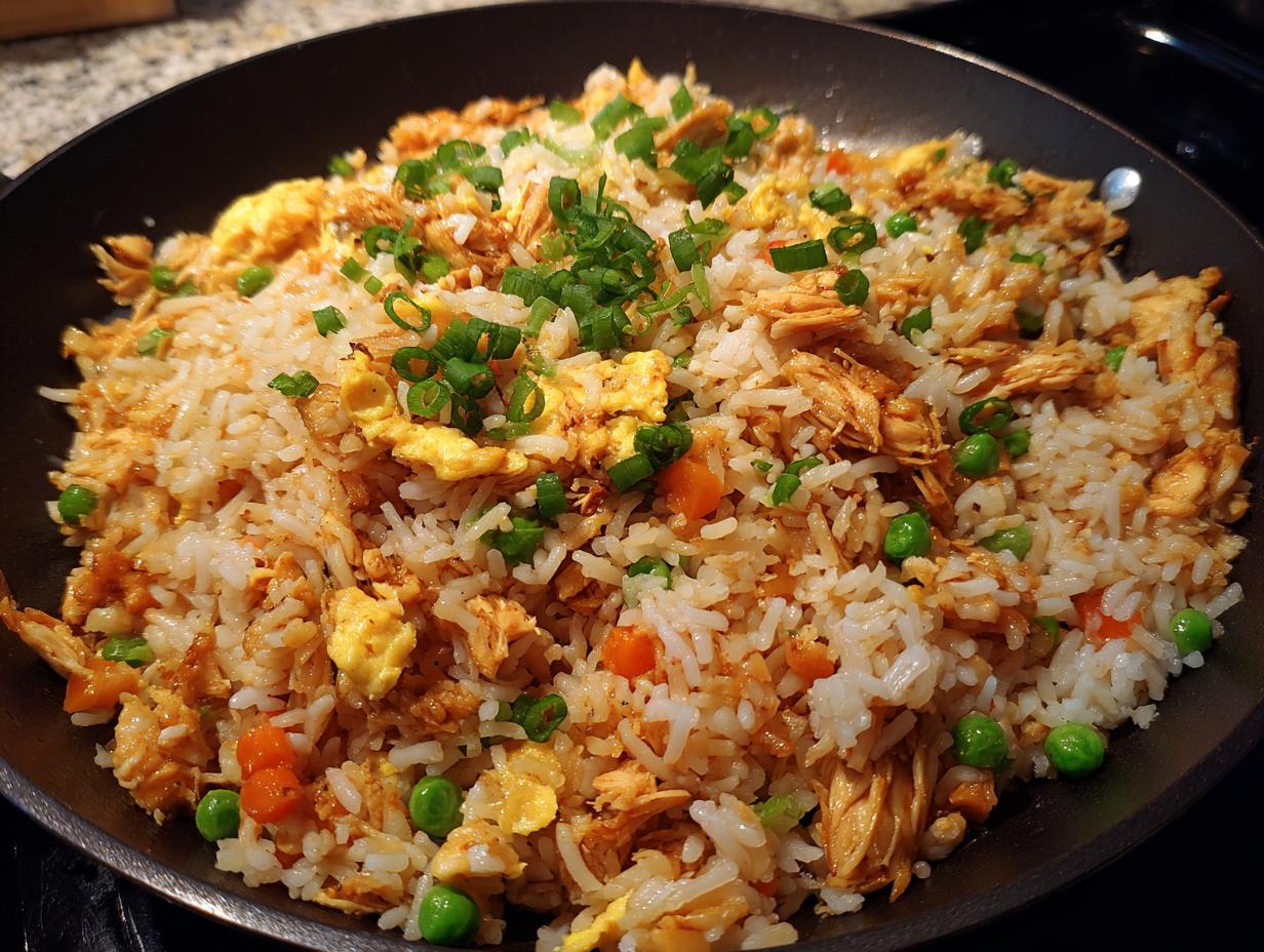 Close-up of chicken fried rice with peas, carrots, eggs, and green onions in a skillet
