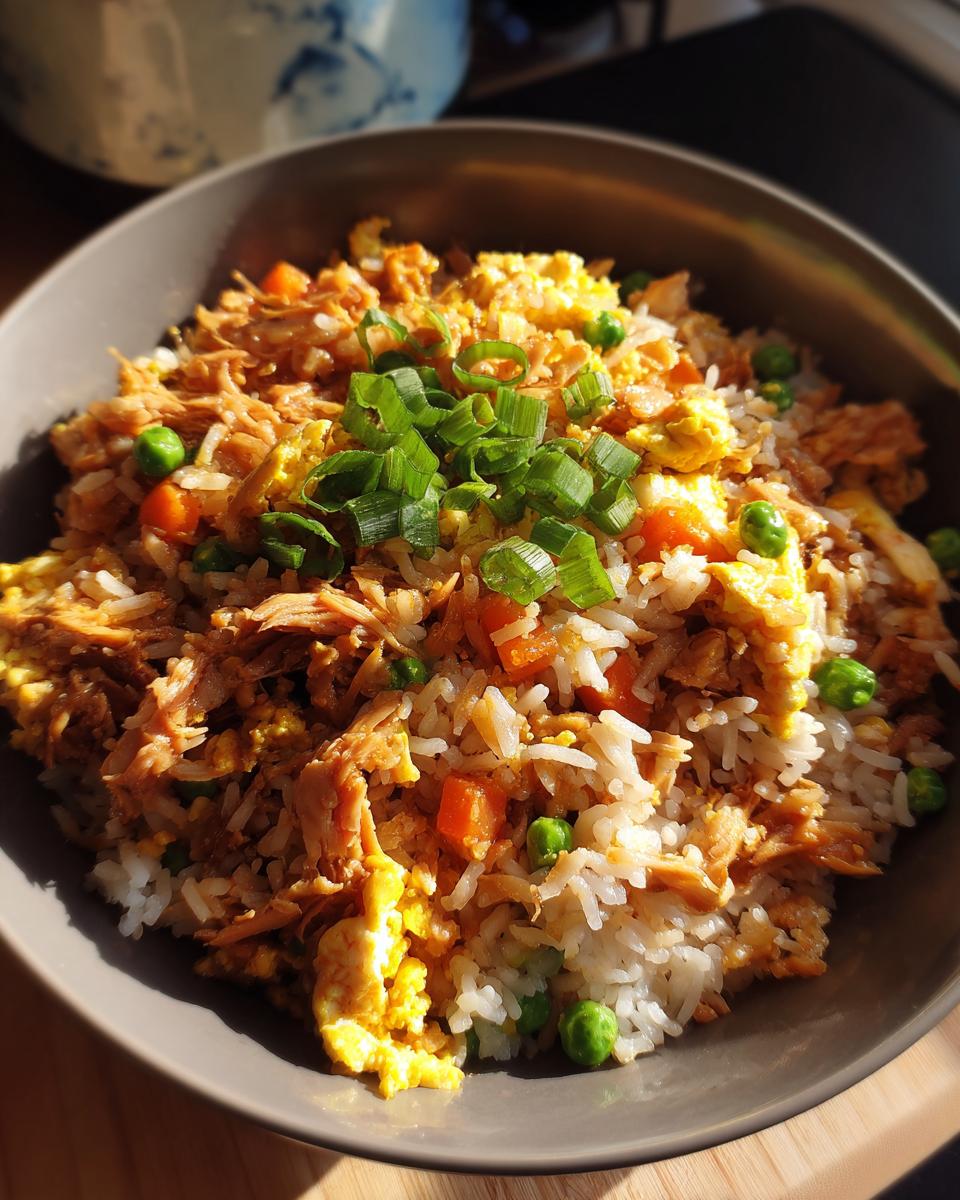 Bowl of chicken fried rice with peas, carrots, scrambled egg, and green onions.