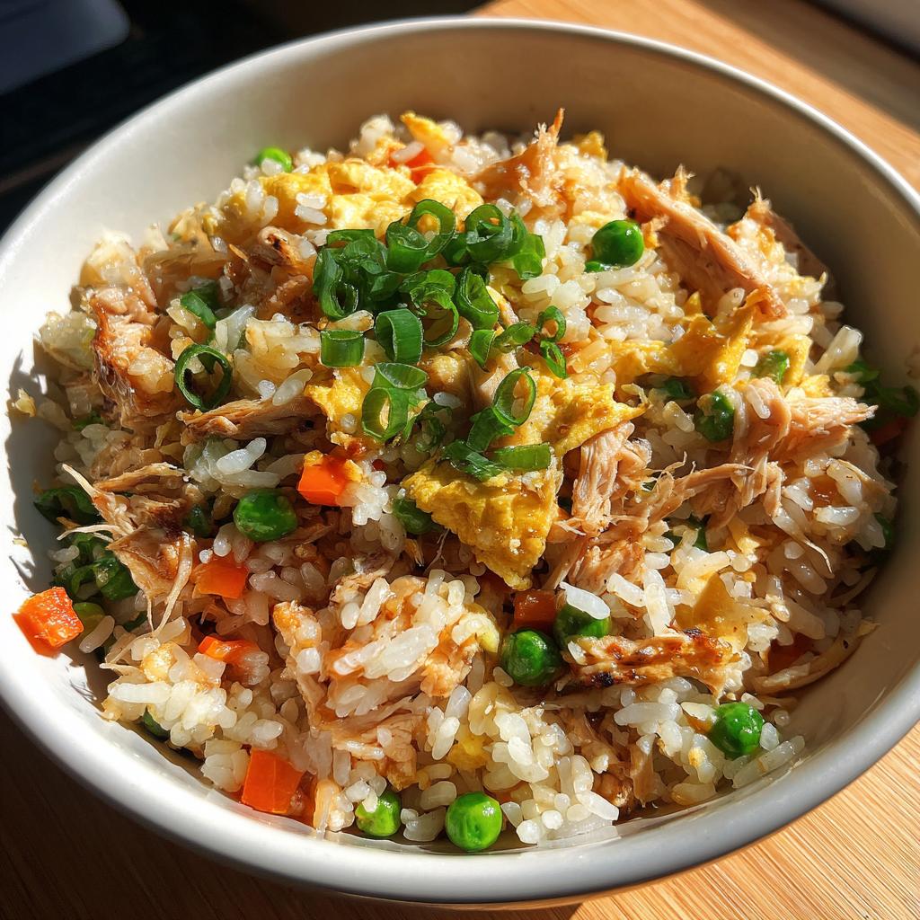 Bowl of chicken fried rice with scrambled eggs, peas, carrots, and chopped green onions