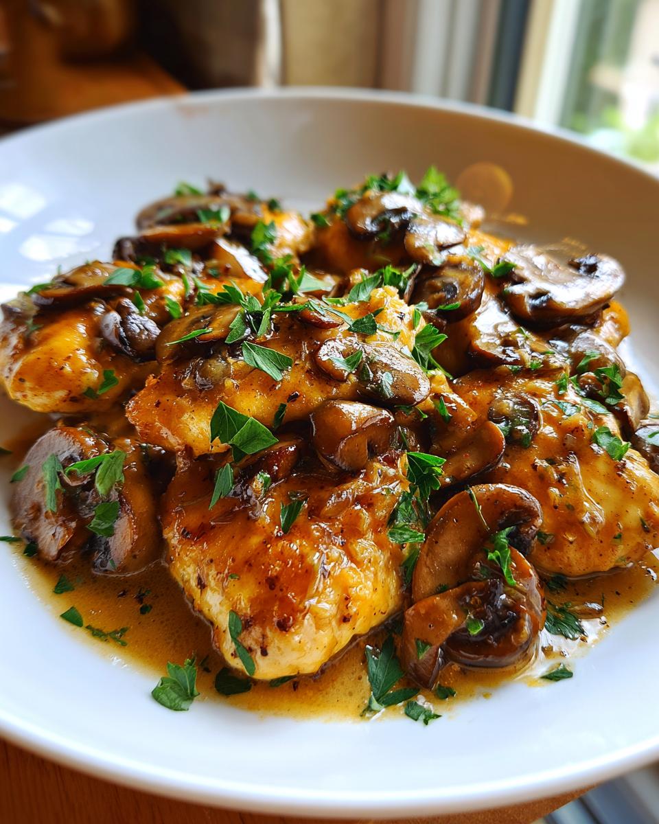 Close-up of chicken marsala skillet with mushrooms and fresh parsley in a white bowl