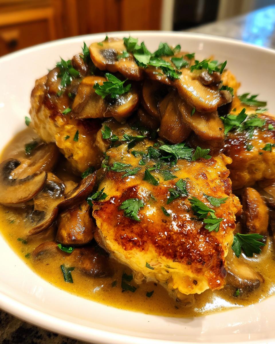 Close-up of chicken marsala skillet with sautéed mushrooms and parsley in sauce