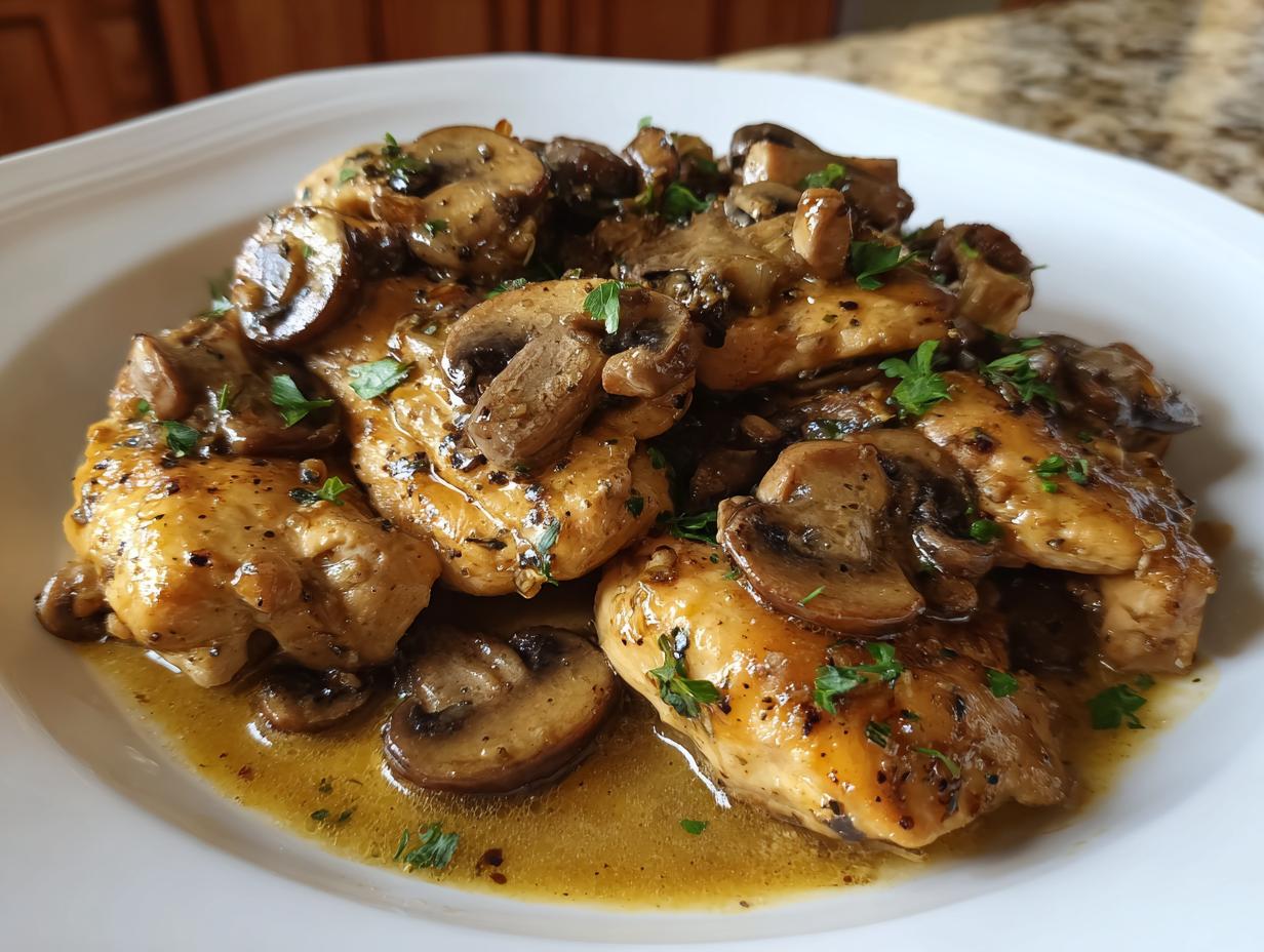 Close-up of chicken marsala skillet with mushrooms and sauce garnished with parsley on white plate.