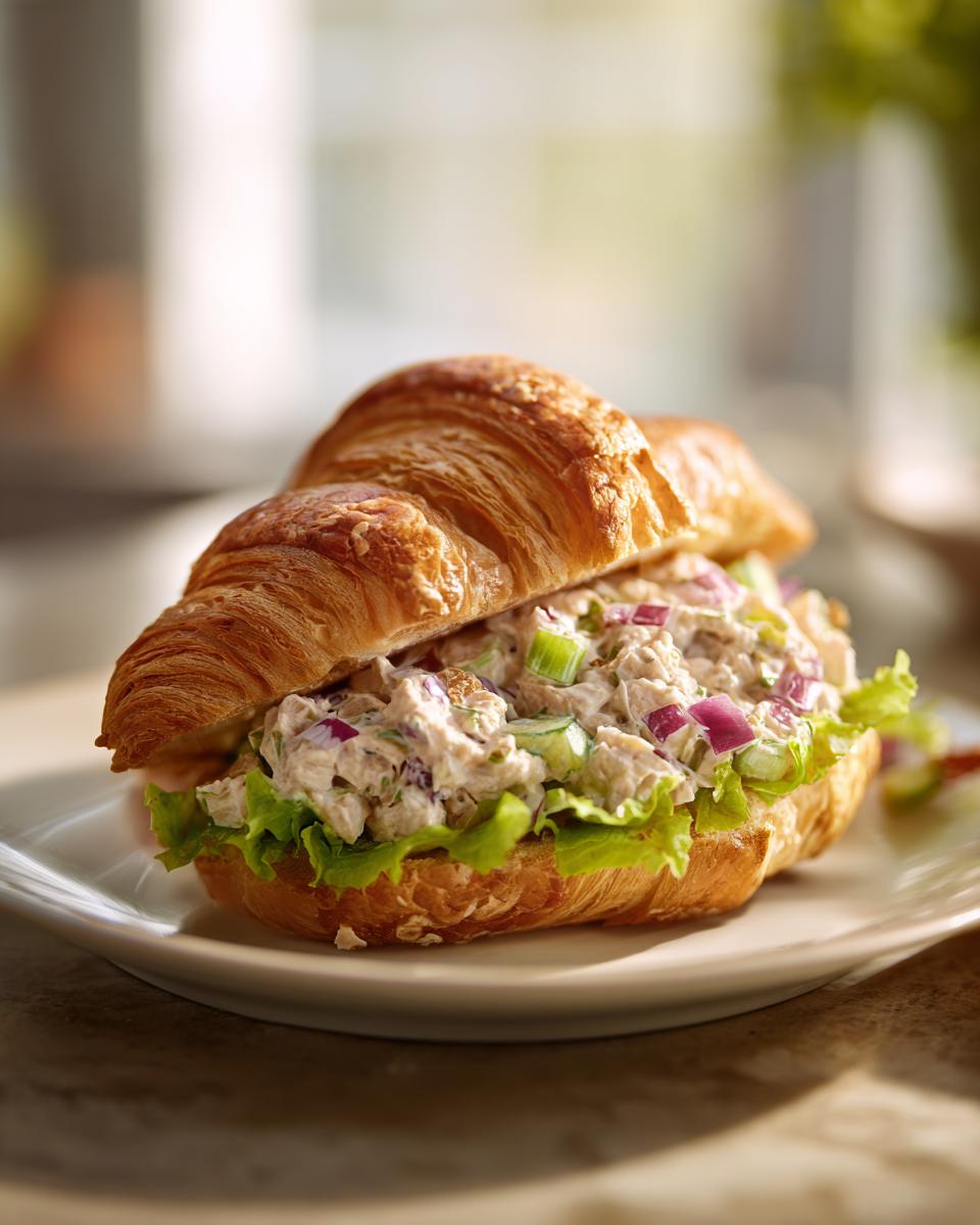 Chicken salad croissant sandwich with lettuce and diced vegetables on a white plate.
