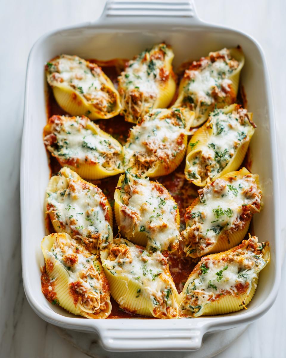 Chicken spinach stuffed shells baked with melted cheese and herbs in a white baking dish.
