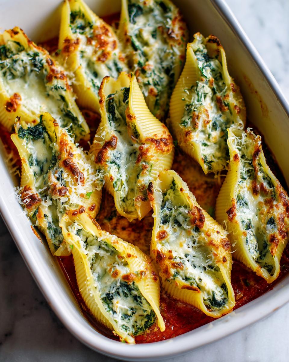 Baked chicken spinach stuffed shells with melted cheese and spinach in a white baking dish.