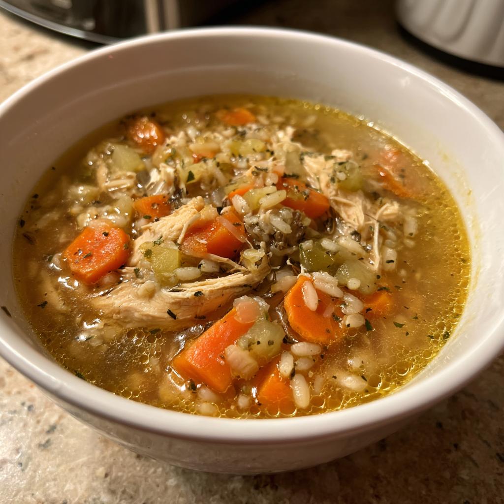 Bowl of chicken and wild rice soup healthy with carrots, celery, and shredded chicken in broth.