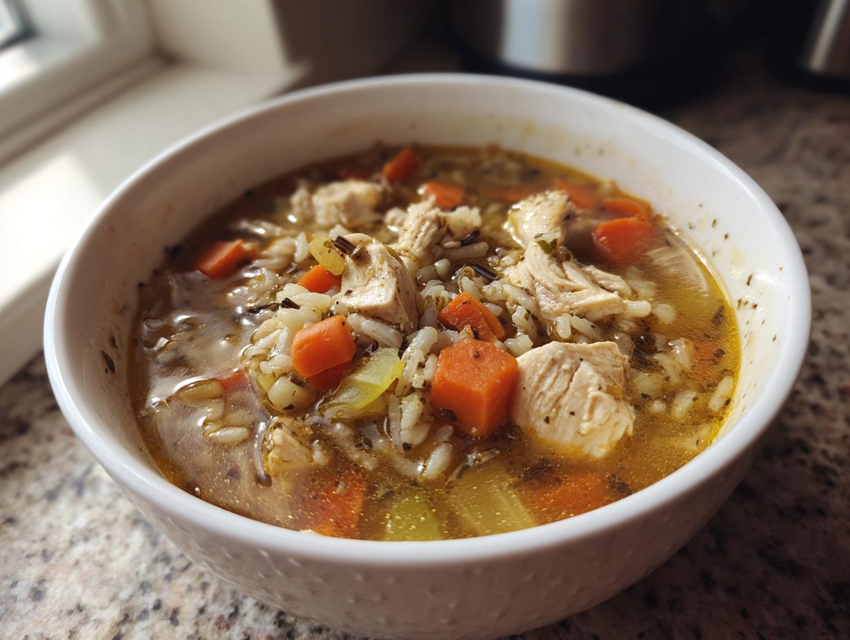 Bowl of chicken and wild rice soup healthy with chunks of chicken, carrots, rice, and broth.