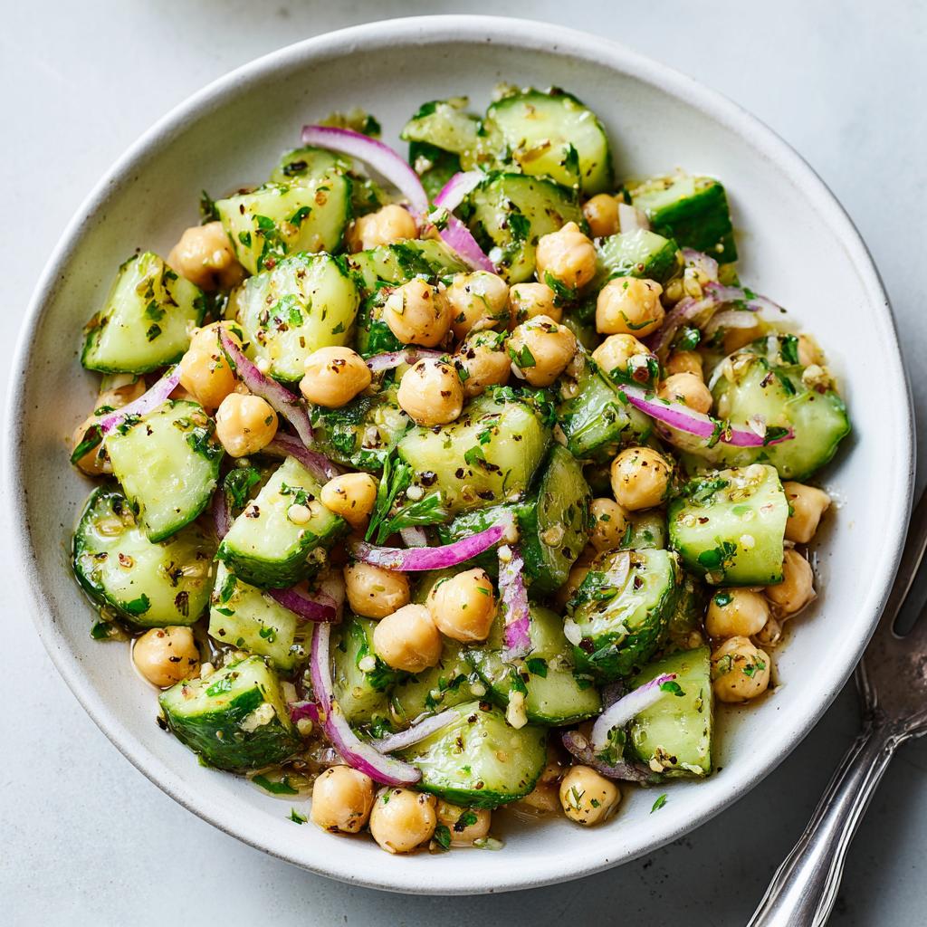 Bowl of chickpea and cucumber salad weight loss with red onion and herbs