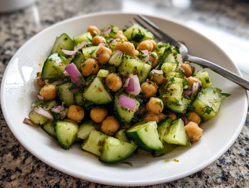 Bowl of chickpea and cucumber salad with red onion and herbs for chickpea and cucumber salad weight loss