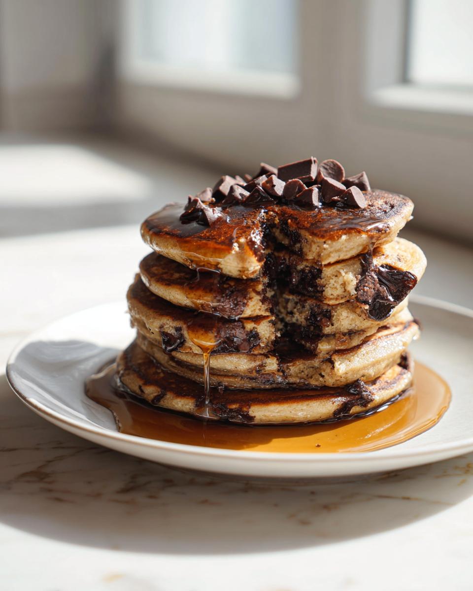 Stack of chocolate chip protein pancakes topped with chocolate chips and syrup dripping down