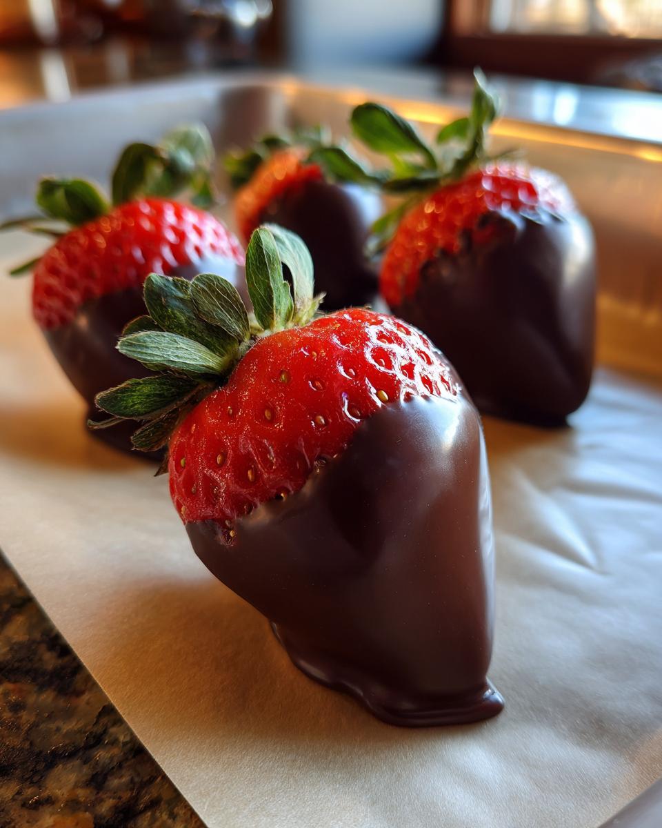 Fresh red strawberries partially dipped in smooth dark chocolate on parchment paper