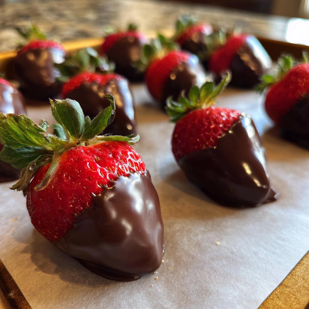 Bright red strawberries dipped in smooth chocolate on parchment paper.