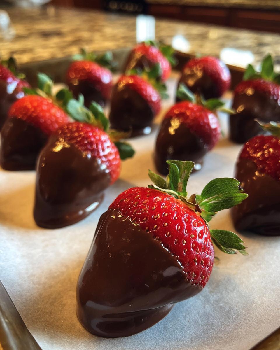 Close-up of fresh chocolate dipped strawberries arranged on a tray with parchment paper.