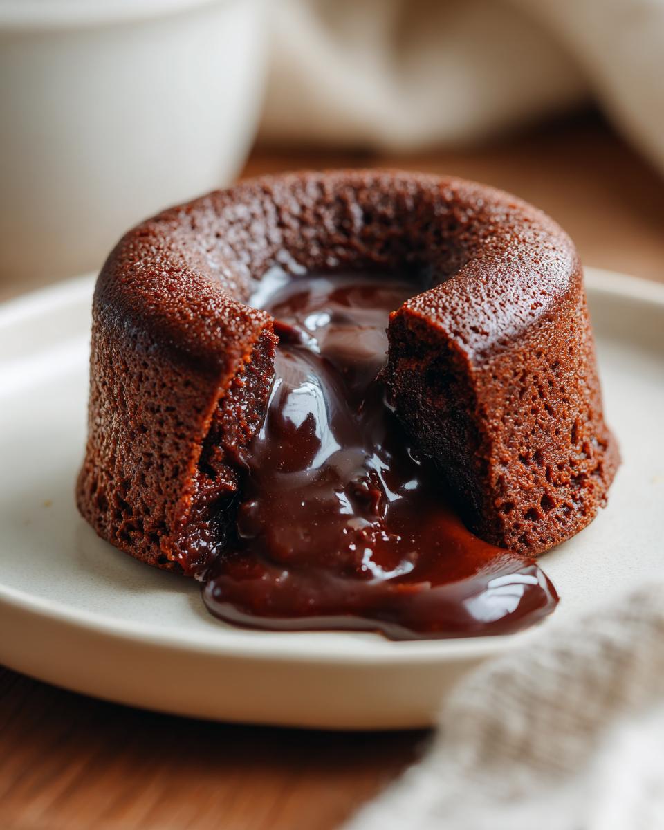Chocolate lava cake with glossy melting chocolate flowing from the center on a white plate