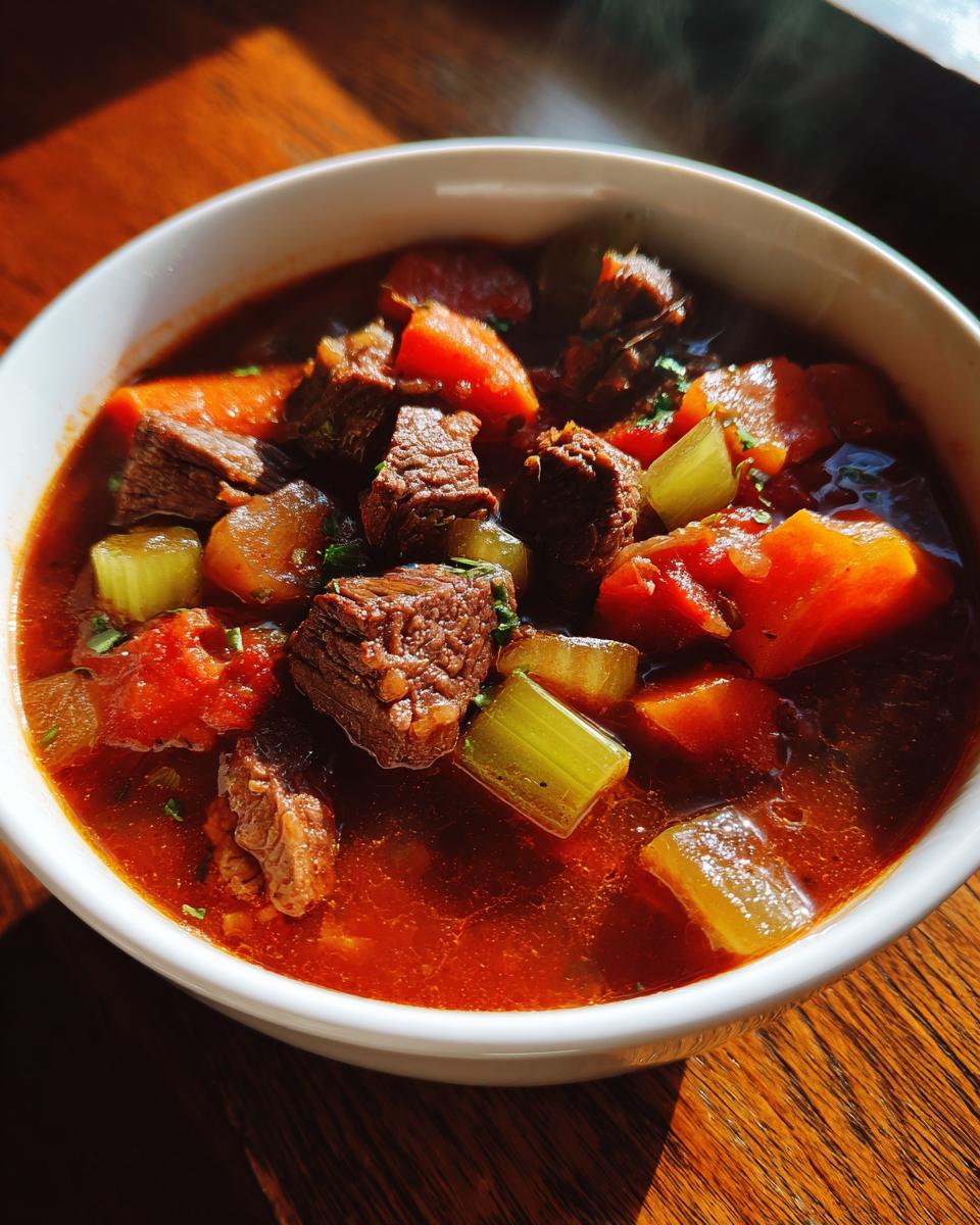 Close-up of a bowl filled with chunky beef and vegetable soup dinner with carrots and celery.