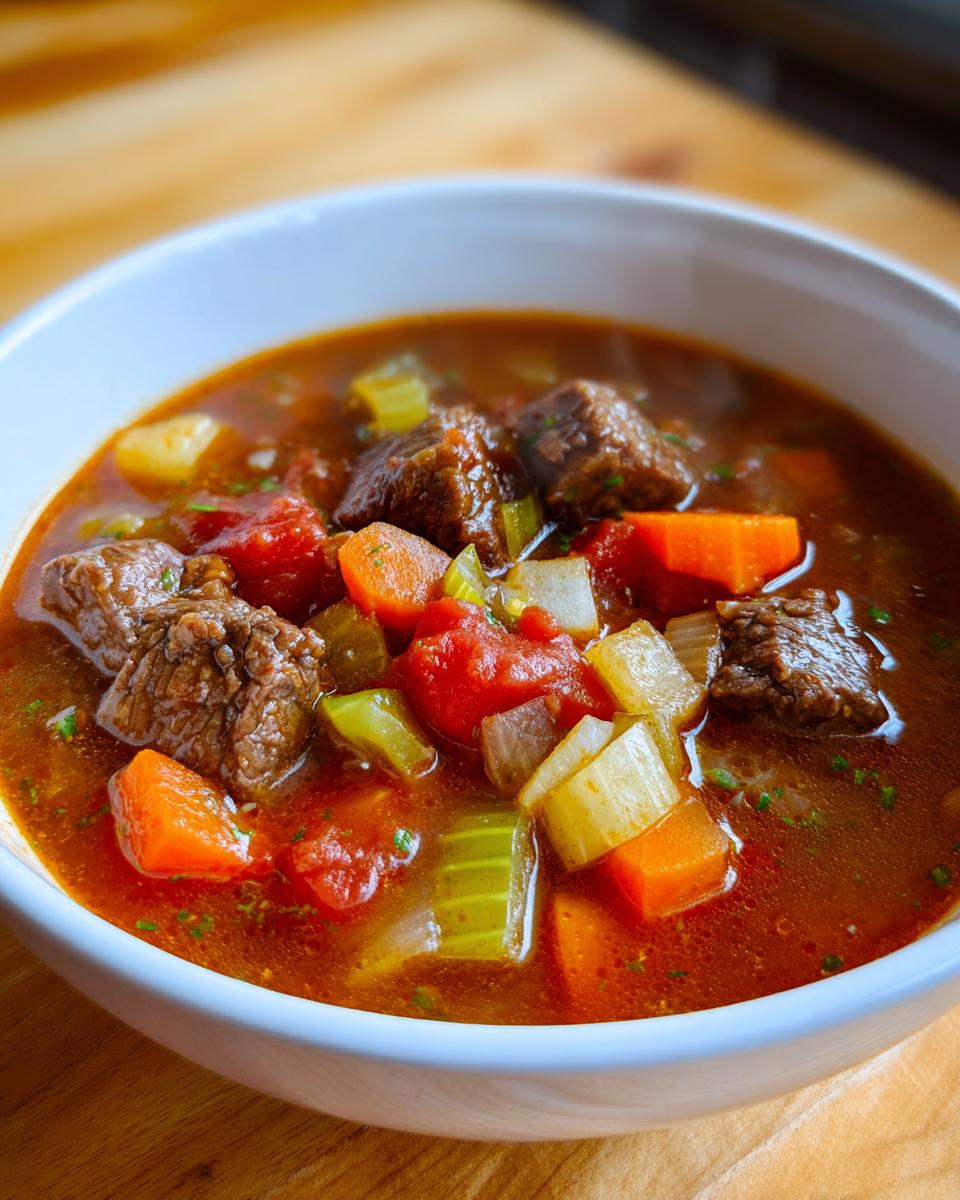Bowl of chunky beef and vegetable soup dinner with beef, carrots, celery, and tomatoes in broth