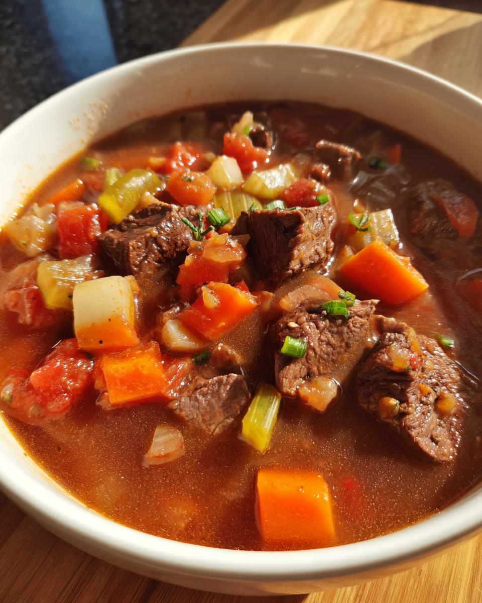 Close-up of a bowl with chunky beef and vegetable soup dinner featuring carrots, celery, and beef chunks.