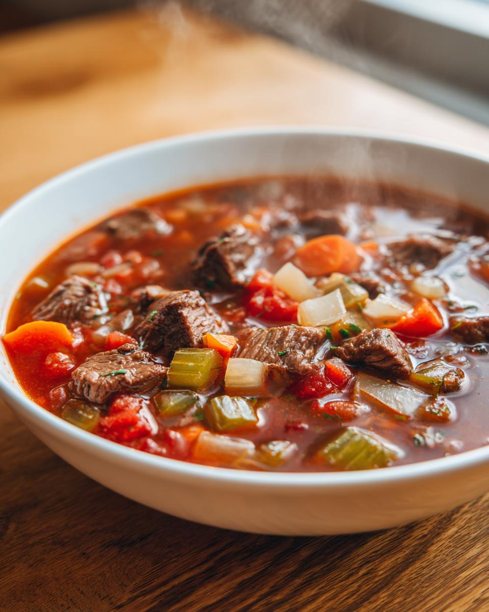Steaming bowl of chunky beef and vegetable soup dinner with carrots, celery, and tomatoes.