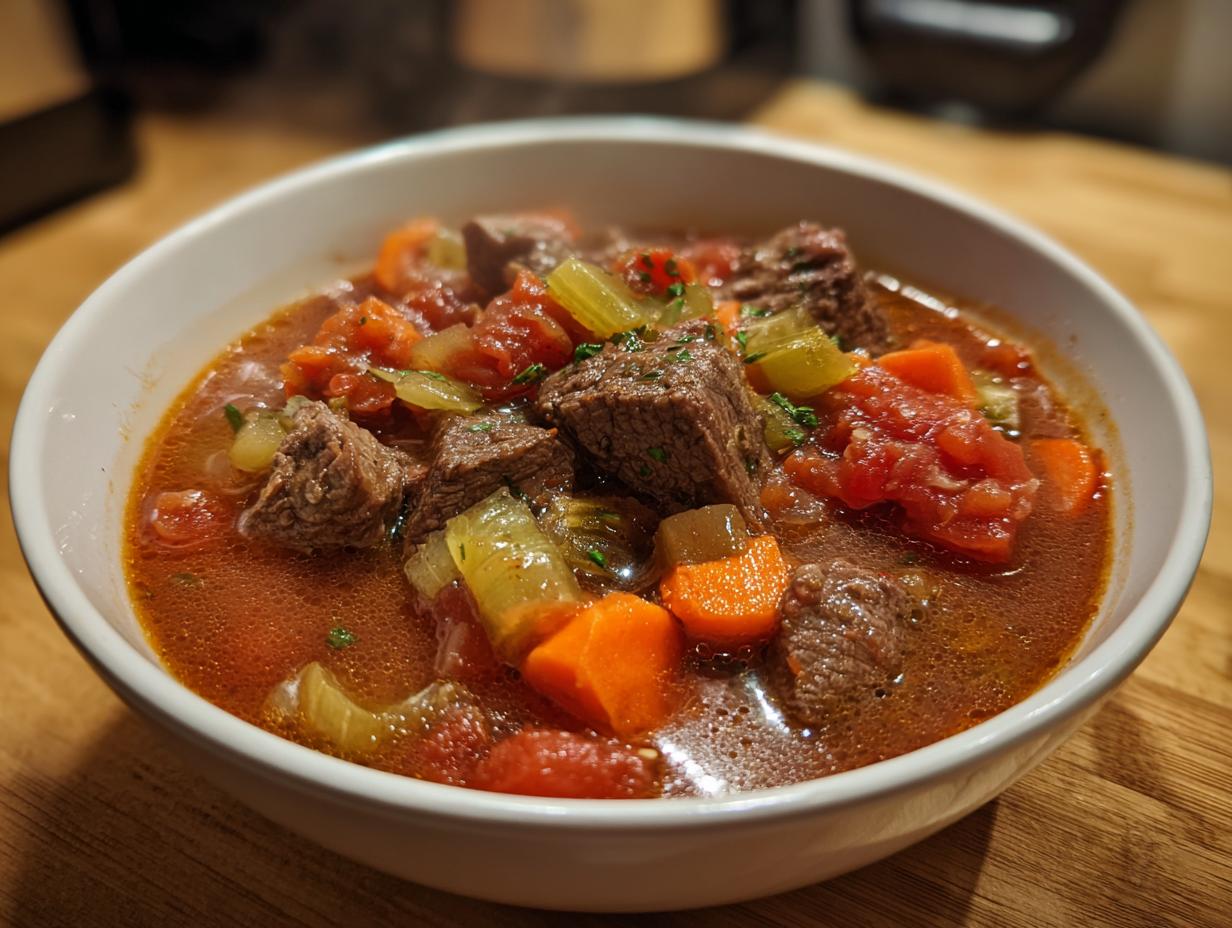 Bowl of hearty chunky beef and vegetable soup with carrots, celery, and tomatoes.