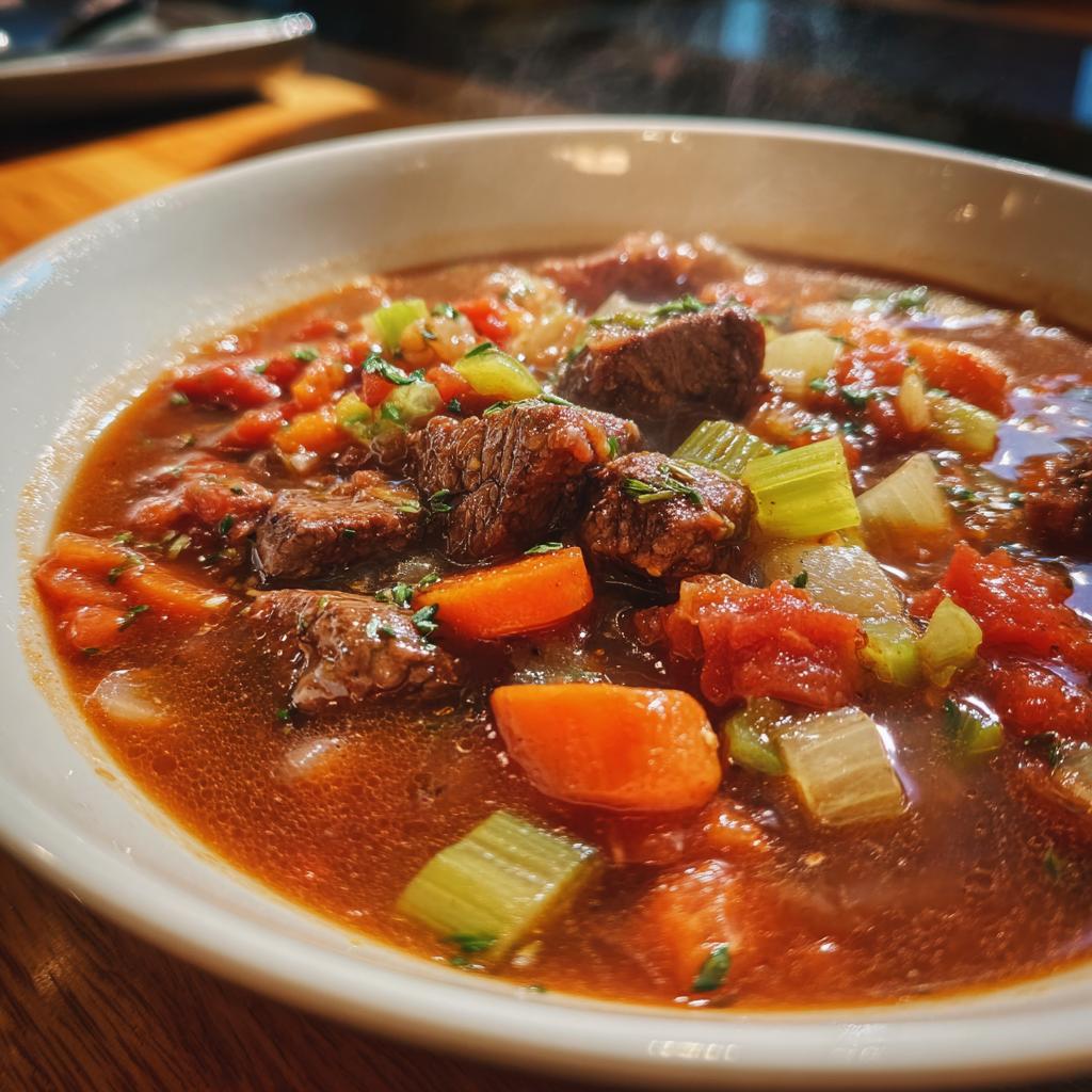 Bowl of chunky beef and vegetable soup dinner with beef, carrots, celery, and tomatoes in broth