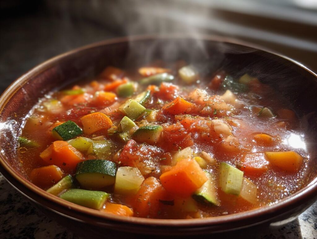 A bowl of steaming chunky vegetable detox soup with vibrant vegetables in broth