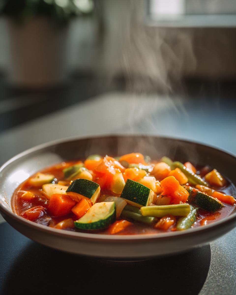 Steaming bowl of chunky vegetable detox soup with zucchini, carrots, and green beans